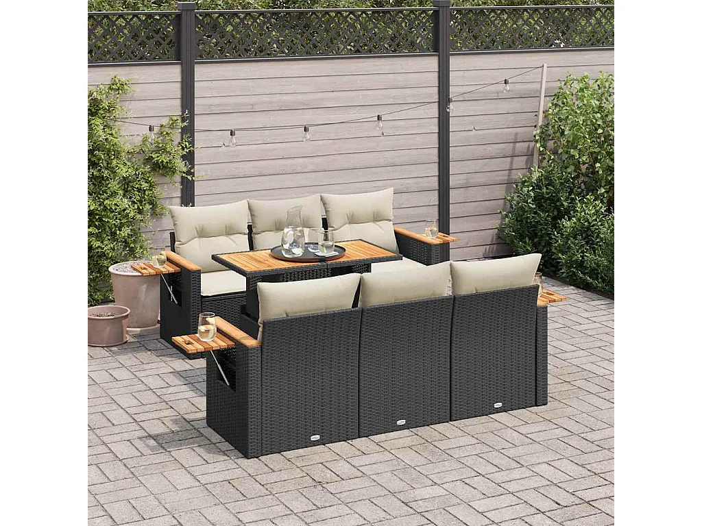 Salon de jardin avec coussins 7 pcs noir résine tressée acacia