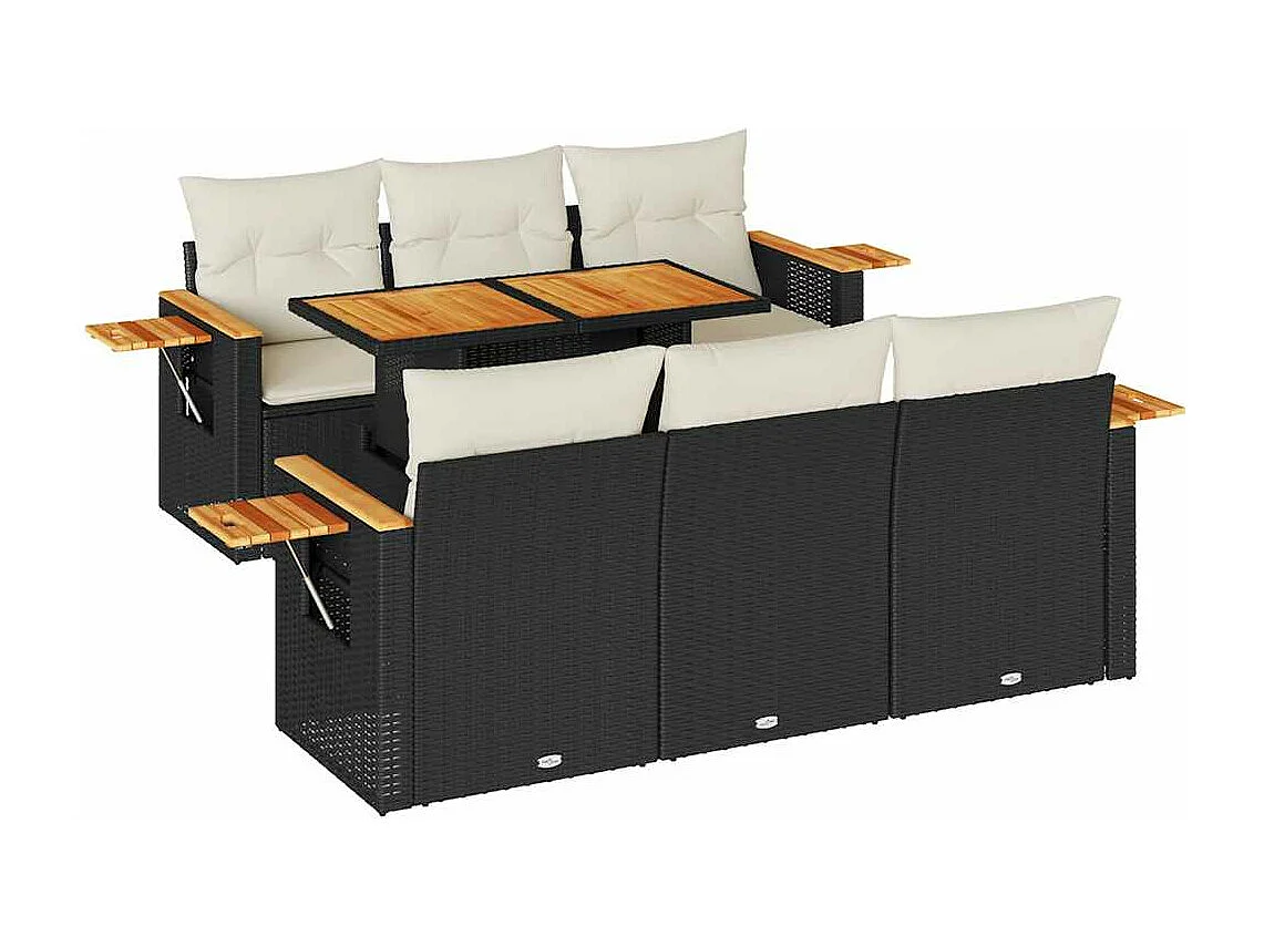 Salon de jardin avec coussins 7 pcs noir résine tressée acacia