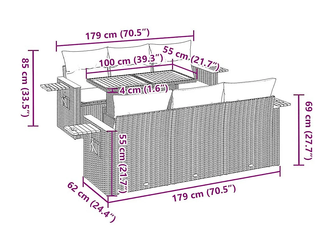 Salon de jardin avec coussins 7 pcs noir résine tressée acacia