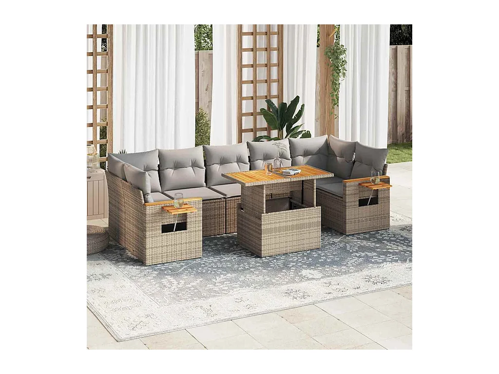 Salon de jardin avec coussins 8 pcs beige résine tressée acacia