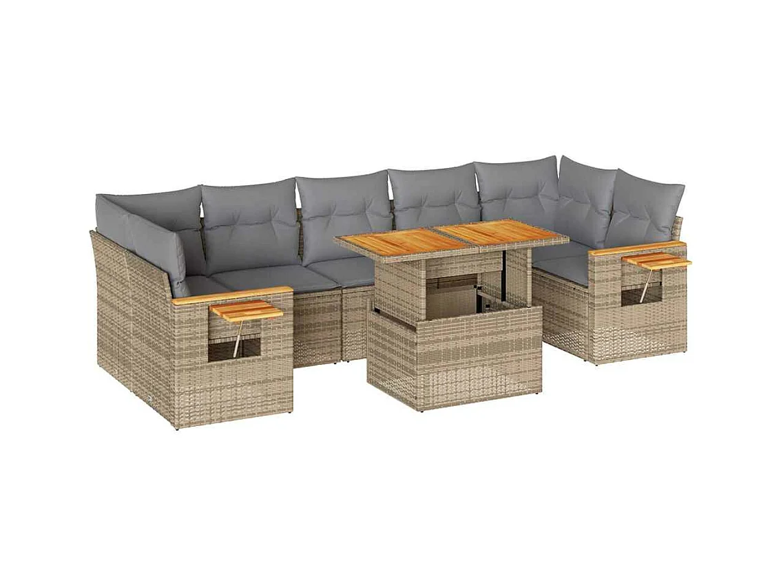 Salon de jardin avec coussins 8 pcs beige résine tressée acacia
