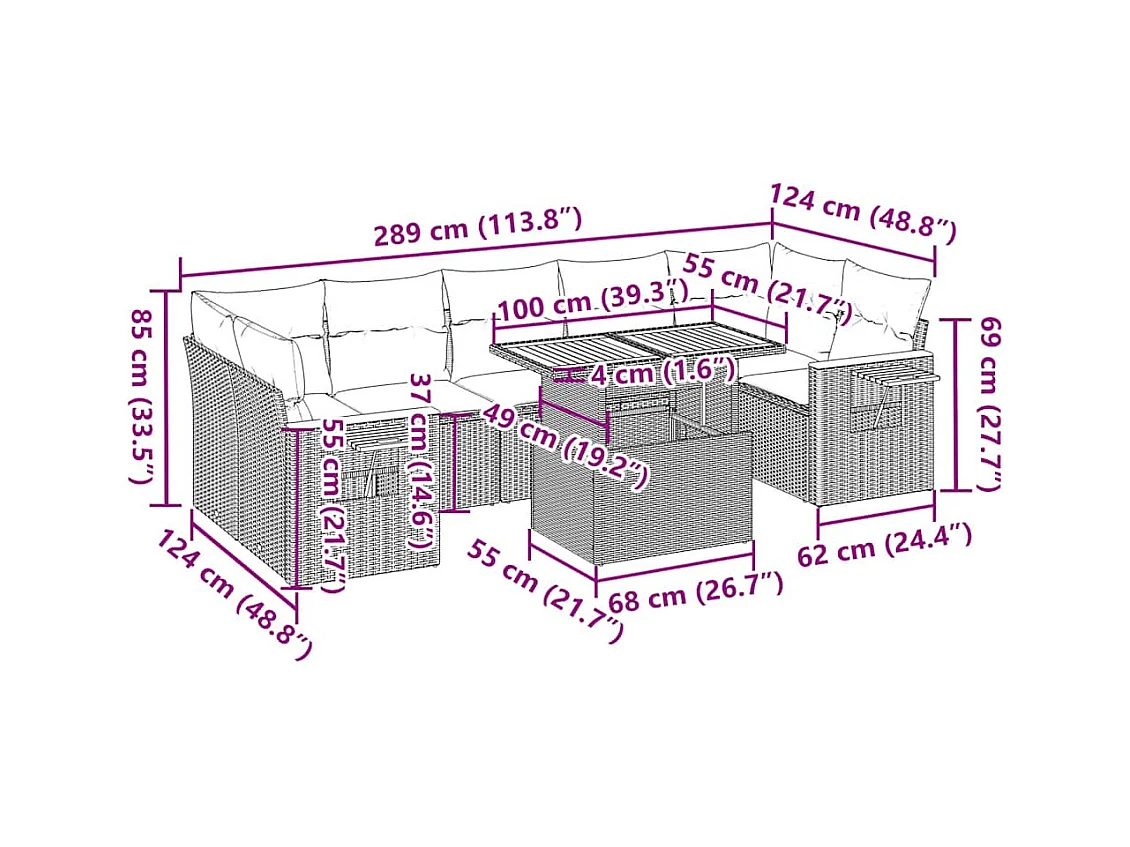 Salon de jardin avec coussins 8 pcs beige résine tressée acacia