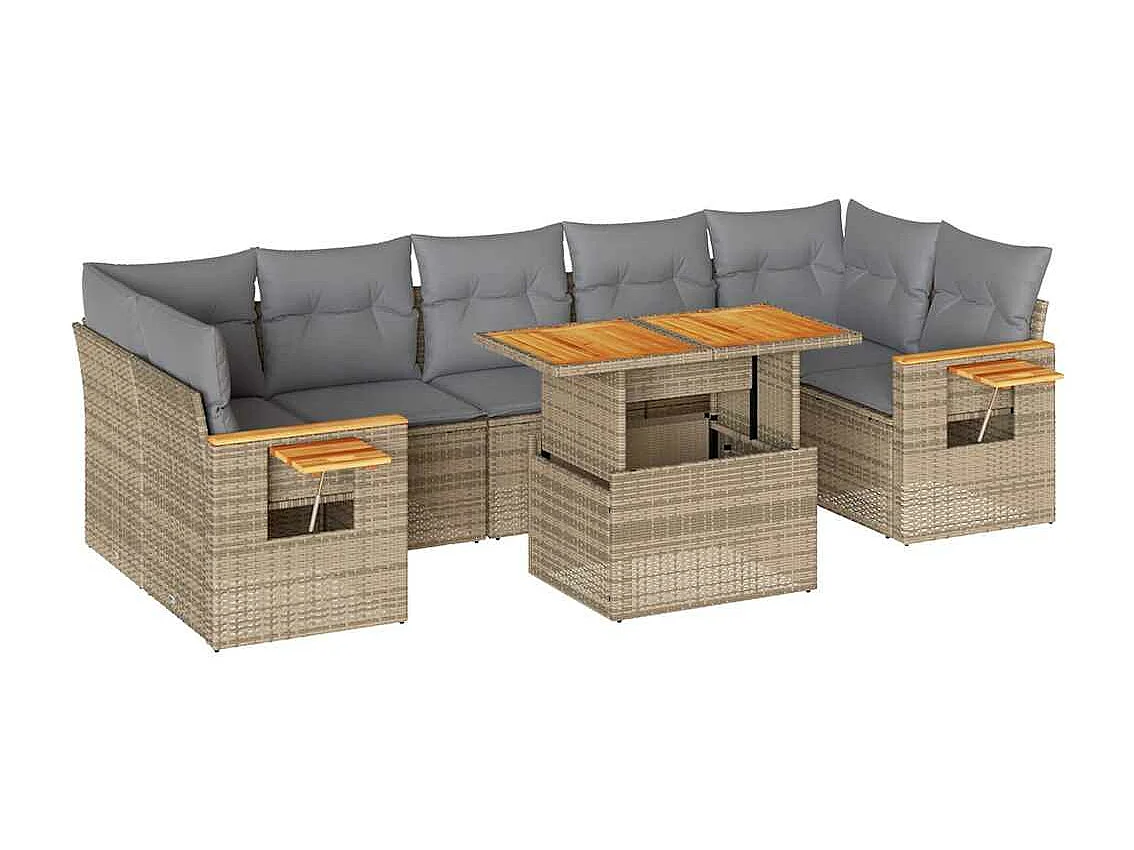 8-tlg. Garten-Sofagarnitur mit Kissen Beige Poly Rattan Akazie