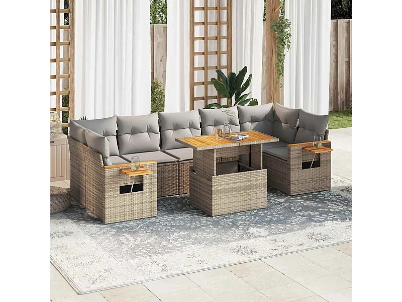 Salon de jardin avec coussins 8 pcs beige résine tressée acacia