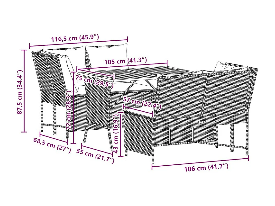 3-tlg. Garten-Sofagarnitur mit Kissen Schwarz Poly Rattan