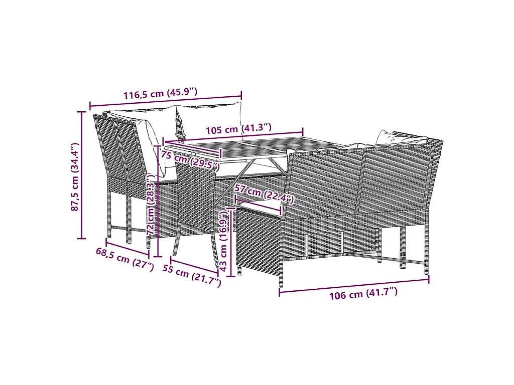 3-tlg. Garten-Sofagarnitur mit Kissen Schwarz Poly Rattan