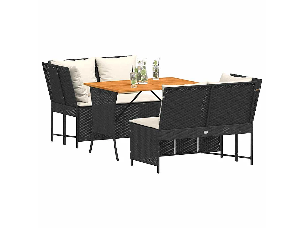 3-tlg. Garten-Sofagarnitur mit Kissen Schwarz Poly Rattan