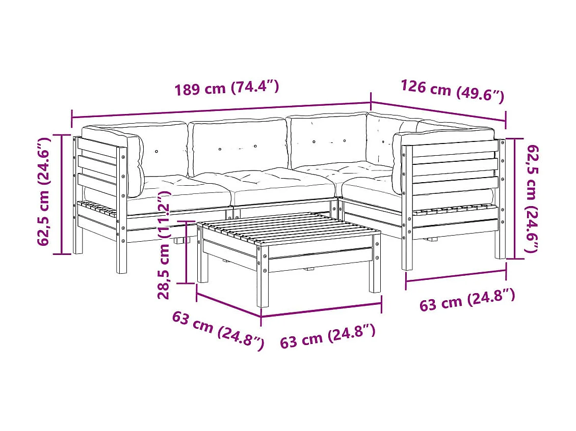 Salon de jardin 5 pcs avec coussins bois de pin imprégné