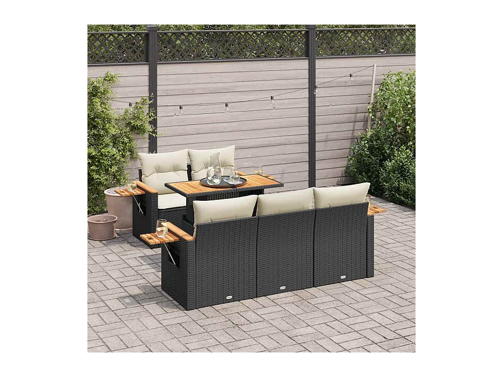 Set Divano da Giardino 6 pz con Cuscini Nero Polyrattan Acacia