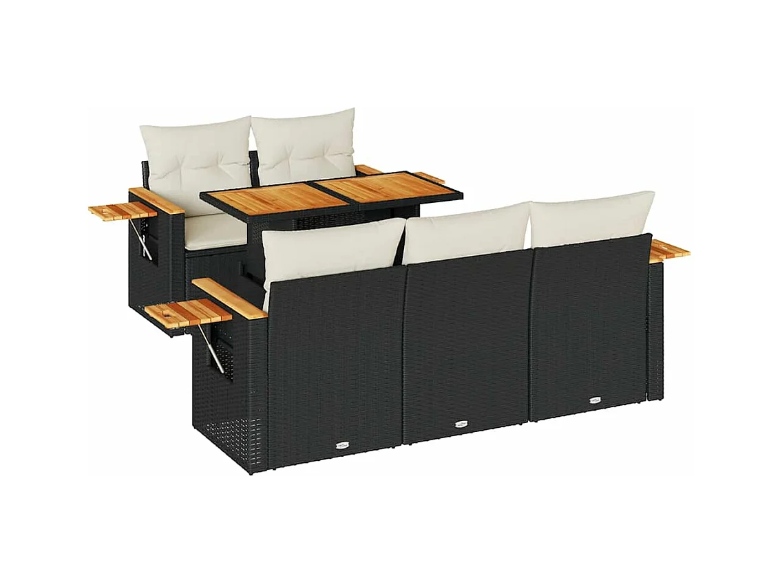 Set Divano da Giardino 6 pz con Cuscini Nero Polyrattan Acacia