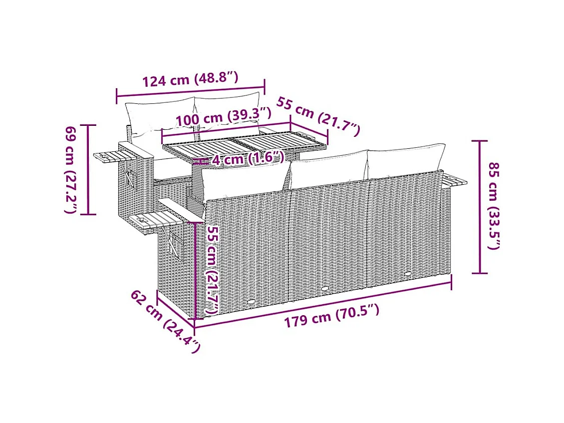 Set Divano da Giardino 6 pz con Cuscini Nero Polyrattan Acacia