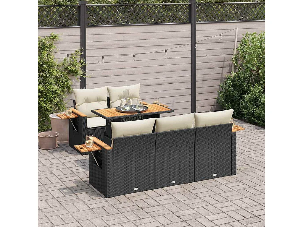 Salon de jardin 6 pcs avec coussins noir résine tressée acacia