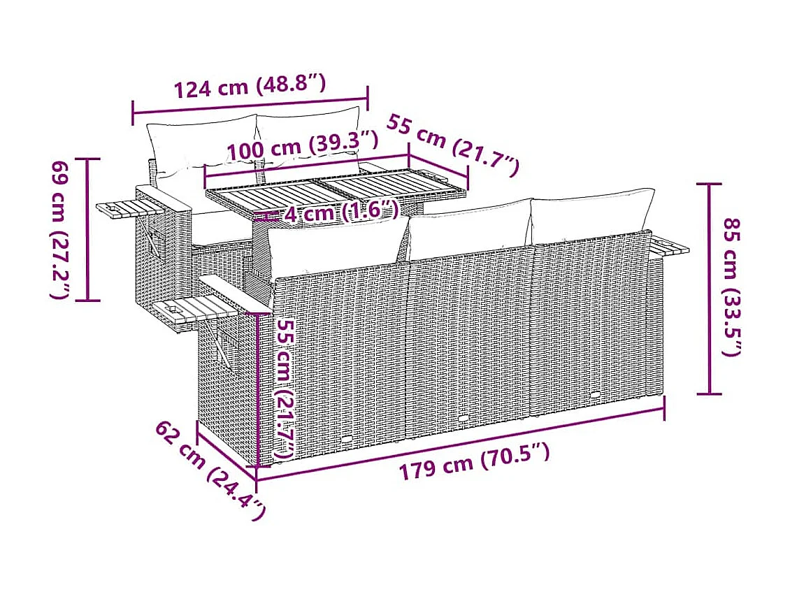 6 pcs conjunto sofás jardim c/ almofadões vime PE/acácia preto