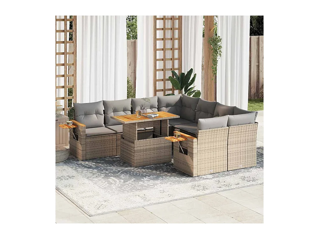 Salon de jardin avec coussins 9 pcs beige résine tressée acacia