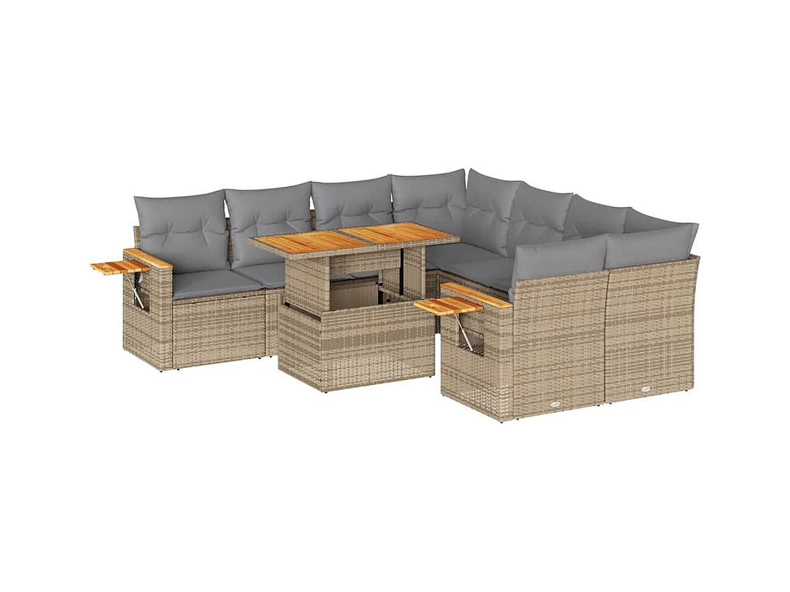 Salon de jardin avec coussins 9 pcs beige résine tressée acacia