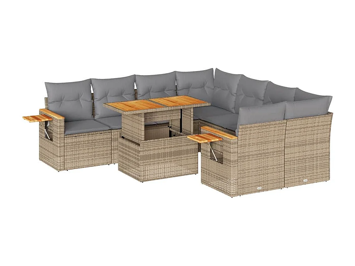 Salon de jardin avec coussins 9 pcs beige résine tressée acacia