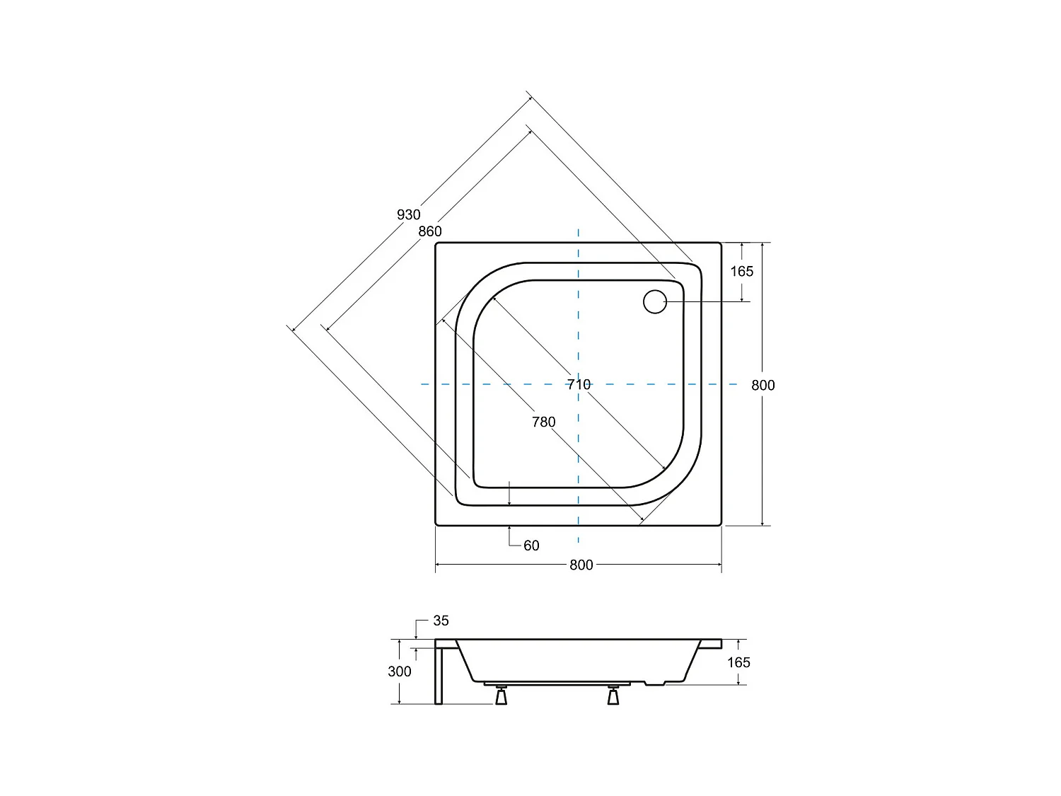 Receveur de douche ARES carré 70x70-80x80-90x90 cm blanc - Dimensions: 80x80 cm