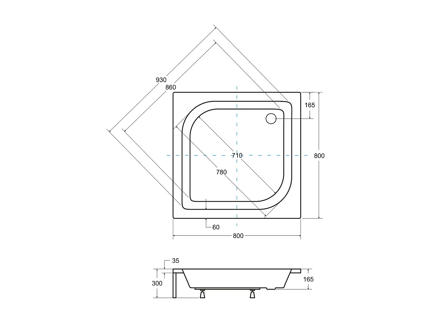 Receveur de douche ARES carré 70x70-80x80-90x90 cm blanc - Dimensions: 80x80 cm