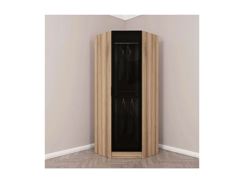 Armoire d'angle Noyer avec une porte en verre fumée 74 x 74 x 210 CM