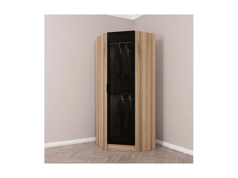 Armoire d'angle Noyer avec une porte en verre fumée 74 x 74 x 210 CM