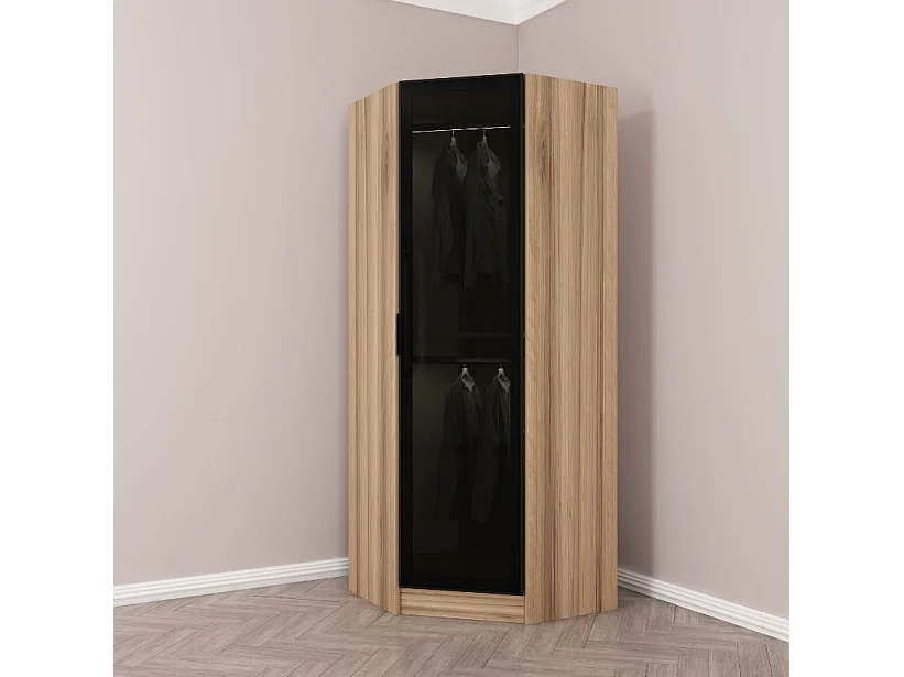 Armoire d'angle Noyer avec une porte en verre fumée 74 x 74 x 210 CM