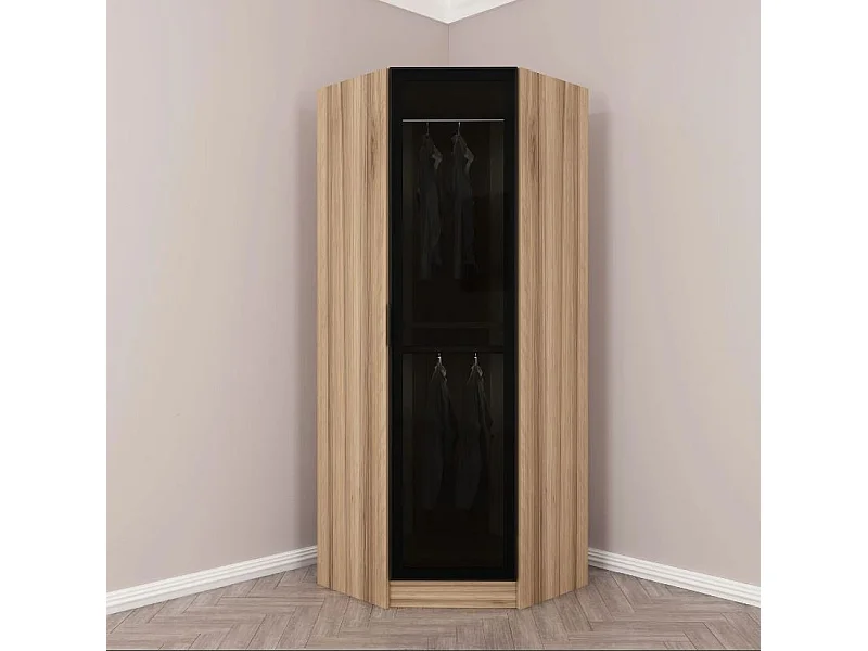 Armoire d'angle Noyer avec une porte en verre fumée 74 x 74 x 210 CM