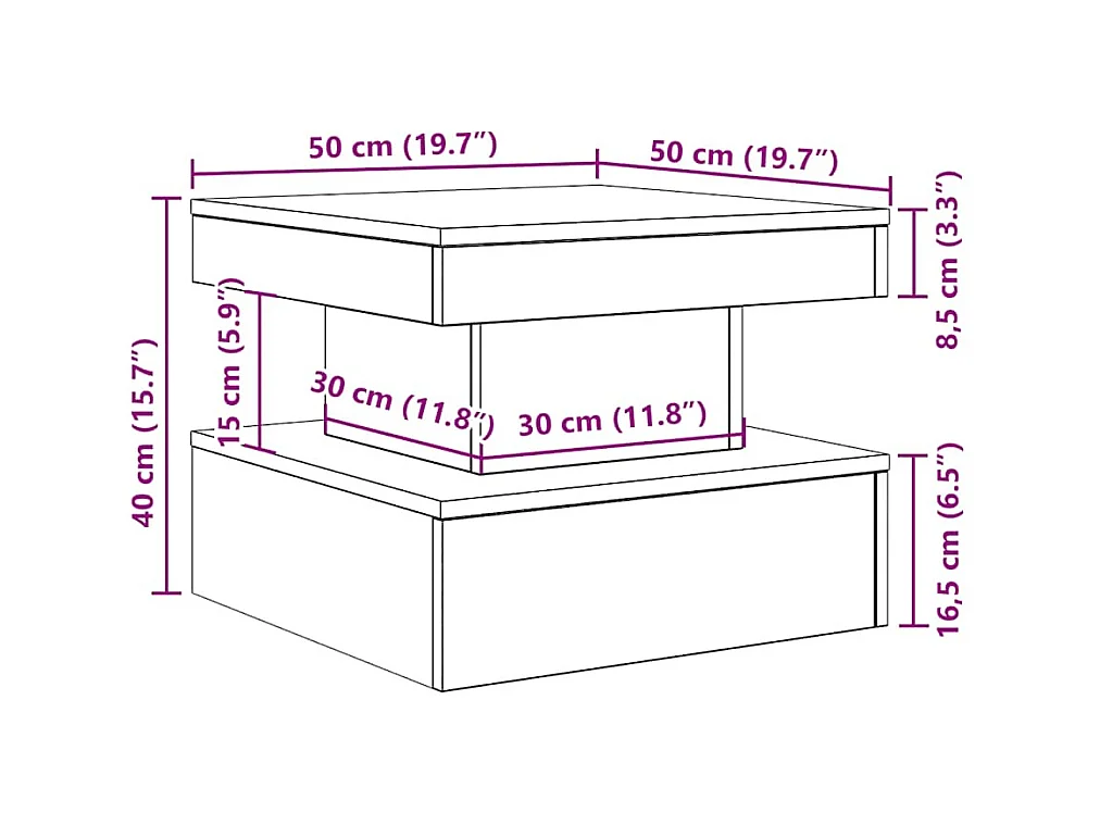 Salontafel met LED-verlichting 50x50x40 cm zwart eikenkleurig