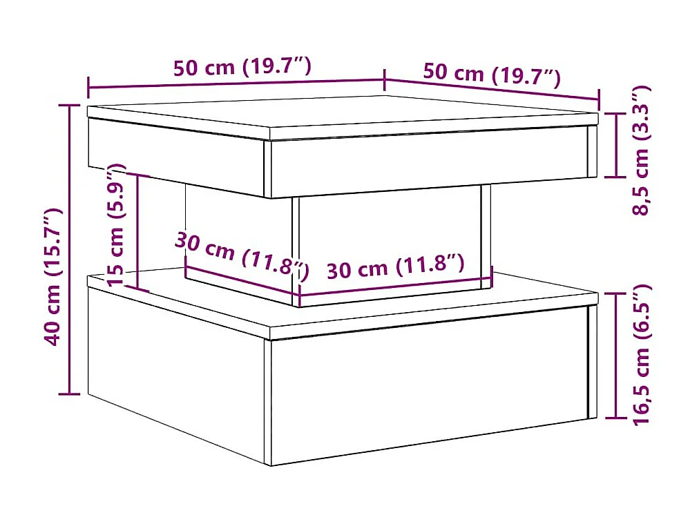 Salontafel met LED-verlichting 50x50x40 cm zwart eikenkleurig