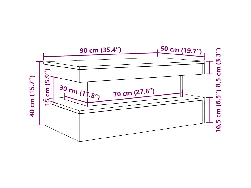 Table basse avec lumières LED chêne noir 90x50x40 cm
