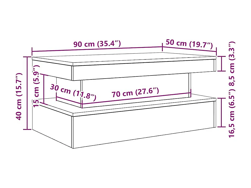 Table basse avec lumières LED chêne noir 90x50x40 cm