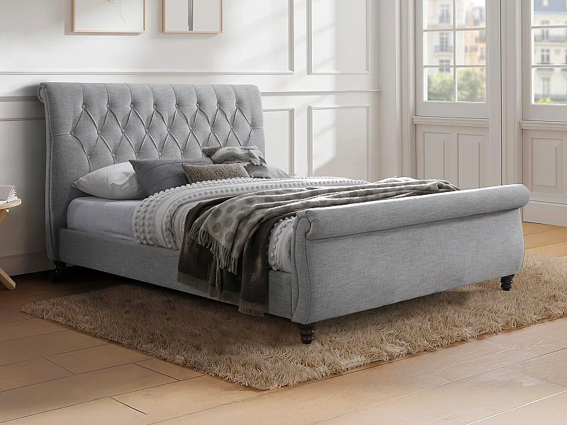 Lit 140 x 190 cm avec tête de lit capitonnée - Gris - BALANSANO