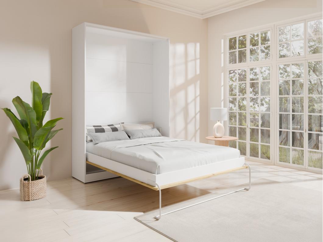 Lit escamotable 140 x 200 cm - Ouverture verticale manuelle - Coloris : Naturel et blanc - BEGANIO