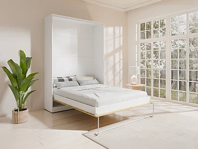 Lit escamotable 140 x 200 cm - Ouverture verticale manuelle - Coloris : Naturel et blanc - BEGANIO