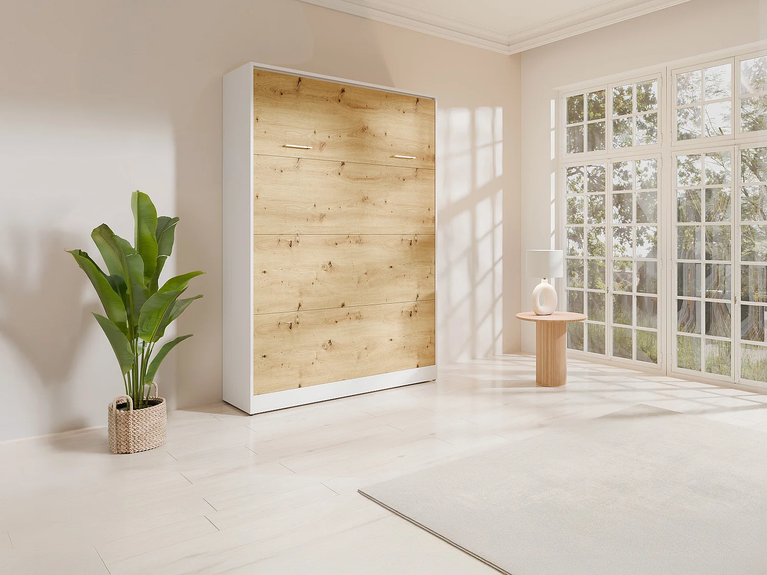 Lit escamotable 160 x 200 cm - Ouverture verticale manuelle - Coloris : Naturel et blanc - BEGANIO