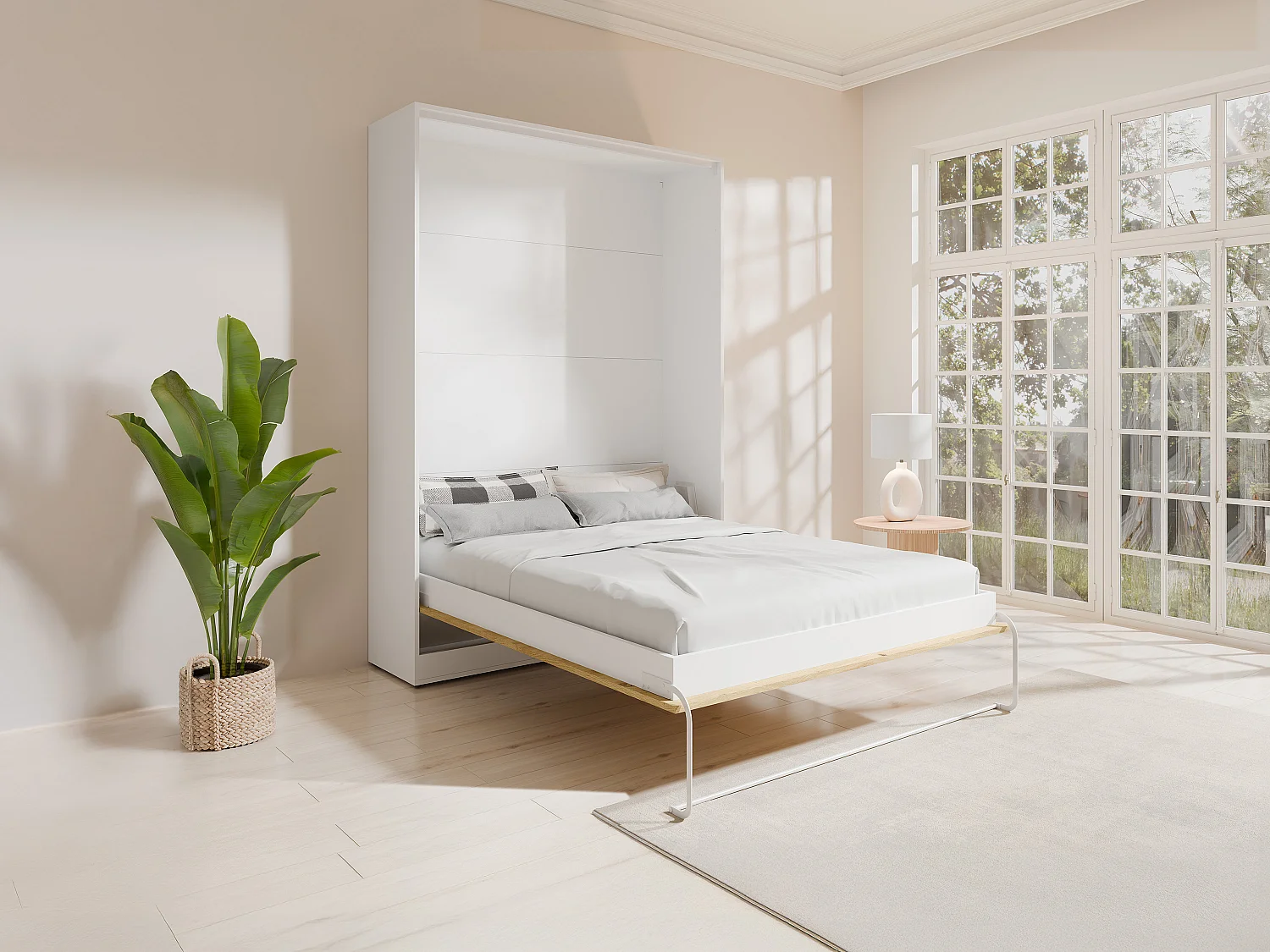 Lit escamotable 160 x 200 cm - Ouverture verticale manuelle - Coloris : Naturel et blanc - BEGANIO