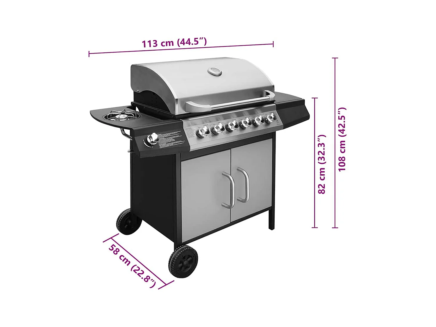 Barbecue à gaz 6 + 1 zone de cuisson Noir et argenté