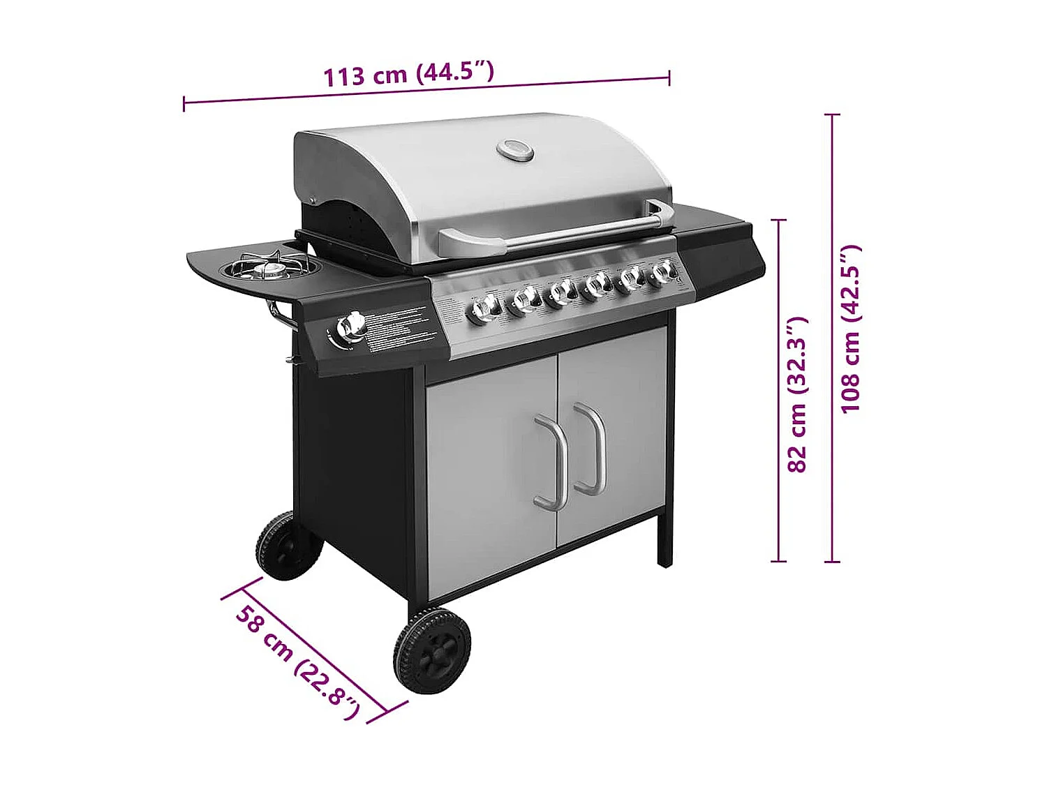 Barbecue à gaz 6 + 1 zone de cuisson Noir et argenté