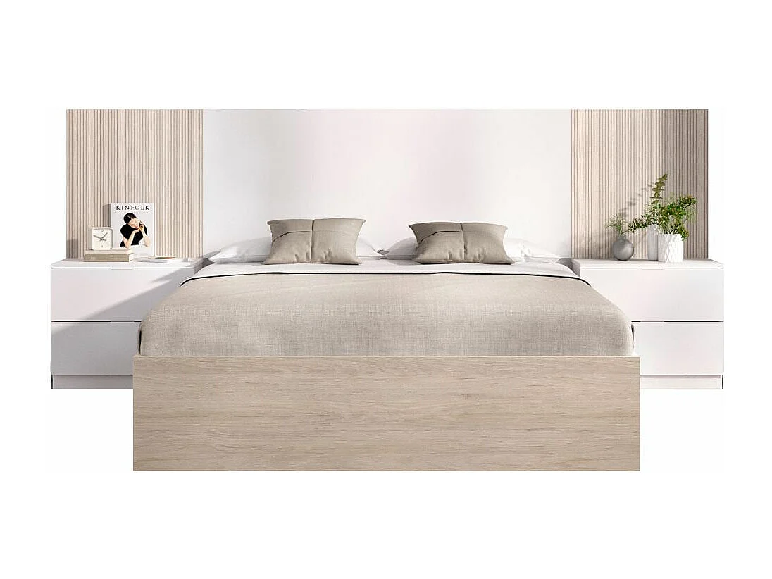 Conjunto de dormitorio Loma cabecero + 2 mesitas + aro blanco/natural 96x259x195 cm