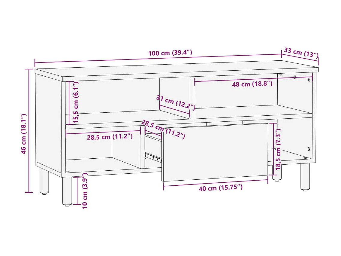 Meuble TV noir 100x33x46 cm bois d'ingénierie