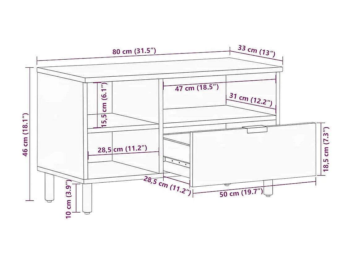 Meuble TV noir 80x33x46 cm bois d'ingénierie