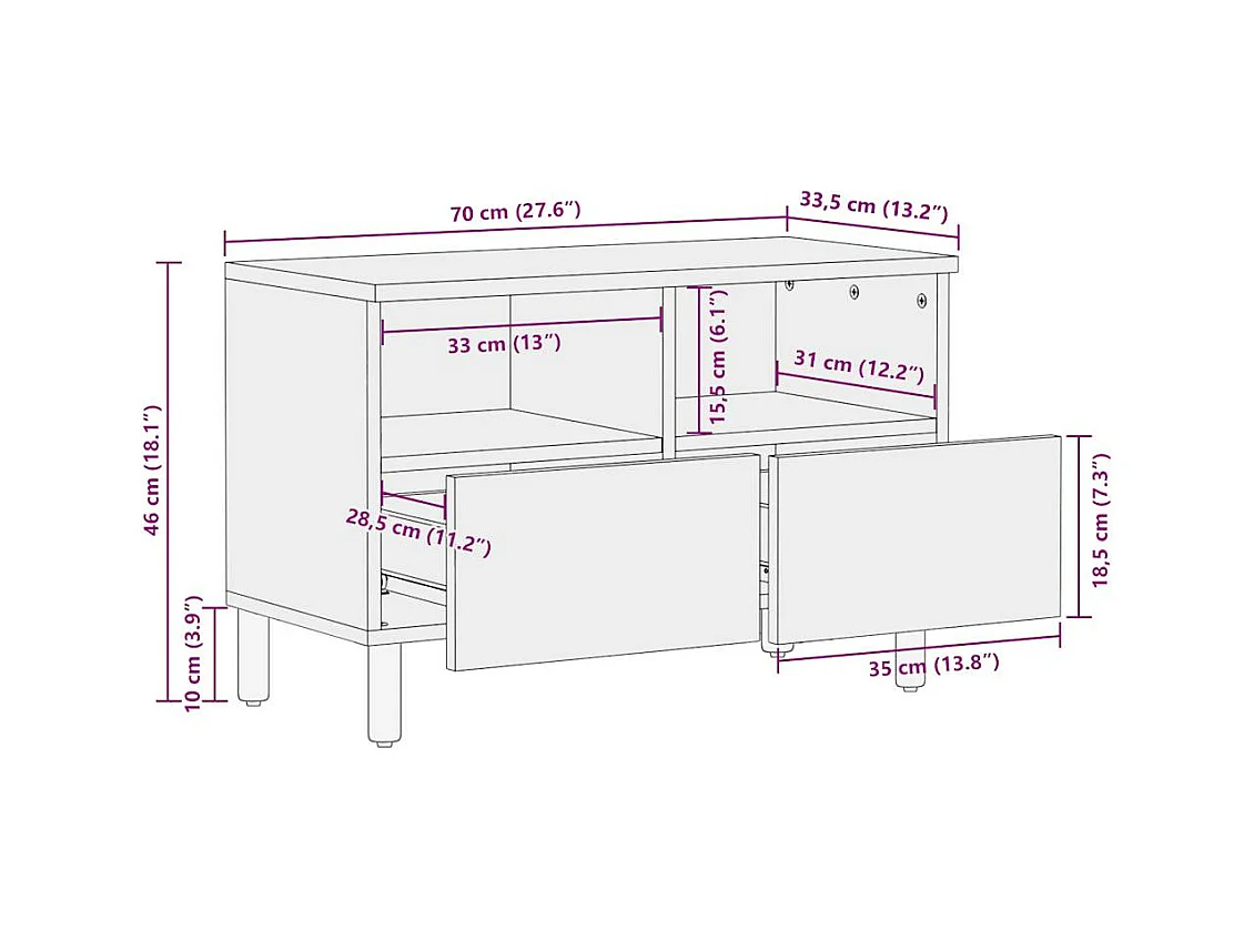 Meuble TV noir 70x33,5x46 cm bois massif manguier brut