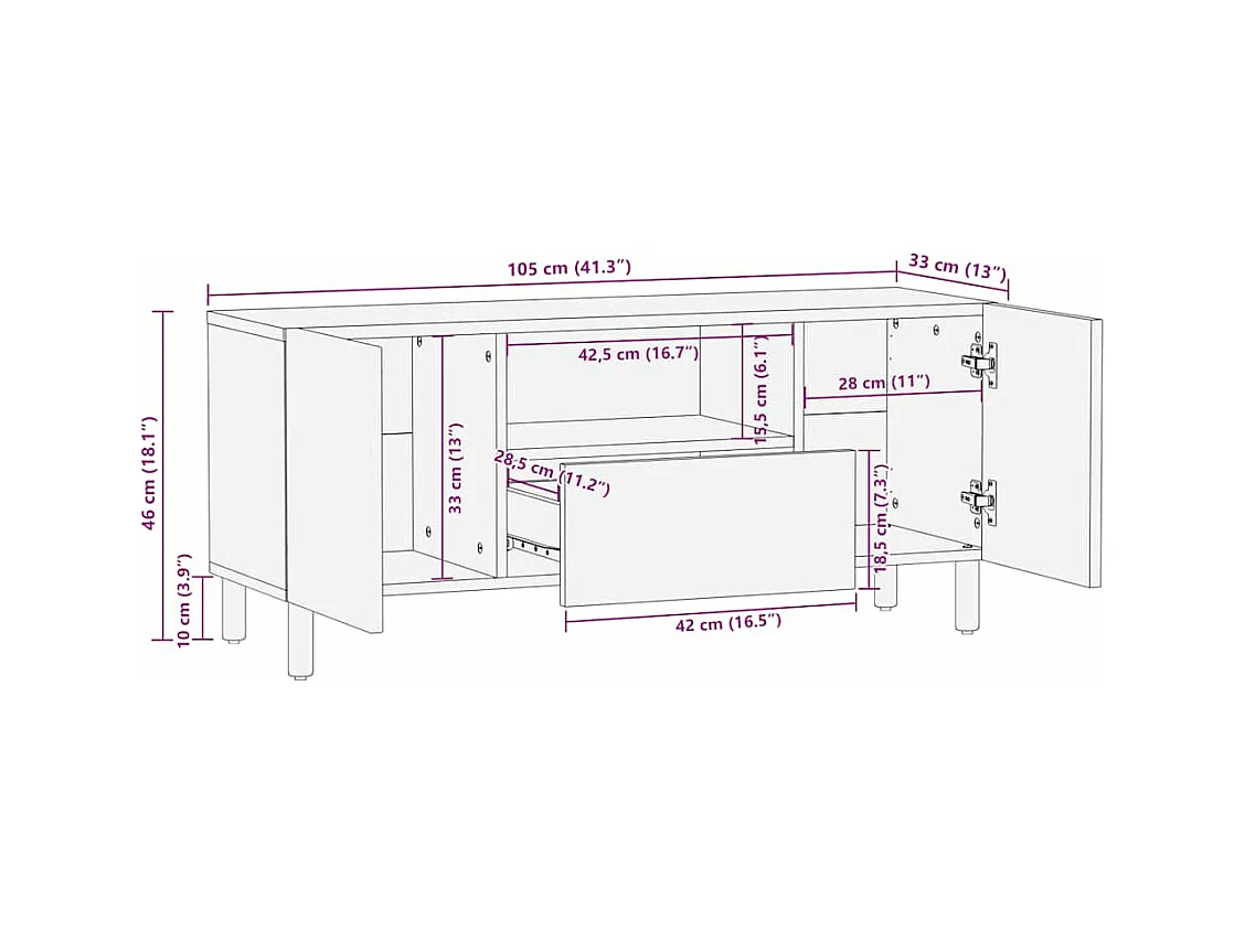 Mobile Porta TV Marrone 105x33x46cm in Legno Massello di Mango