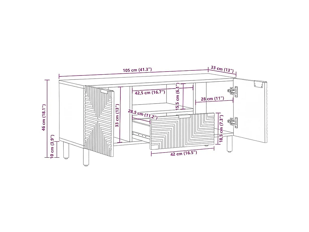 Mobile Porta TV Marrone 105x33x46cm in Legno Massello di Mango