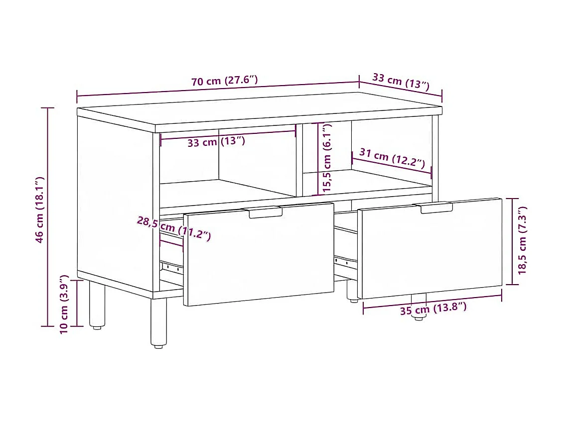 Meuble TV noir 70x33x46 cm bois d'ingénierie