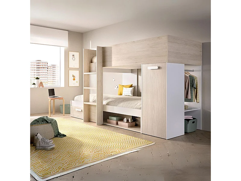 Cama tren Kos 2 camas + armario + cajón + 2 compartimentos + barra natural 150x246x112 cm