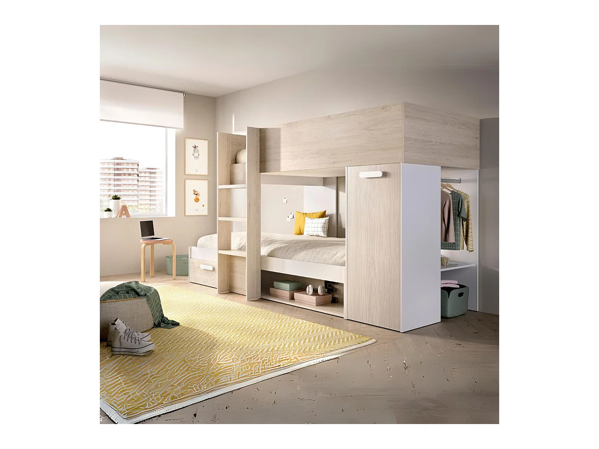 Cama tren Kos 2 camas + armario + cajón + 2 compartimentos + barra natural 150x246x112 cm