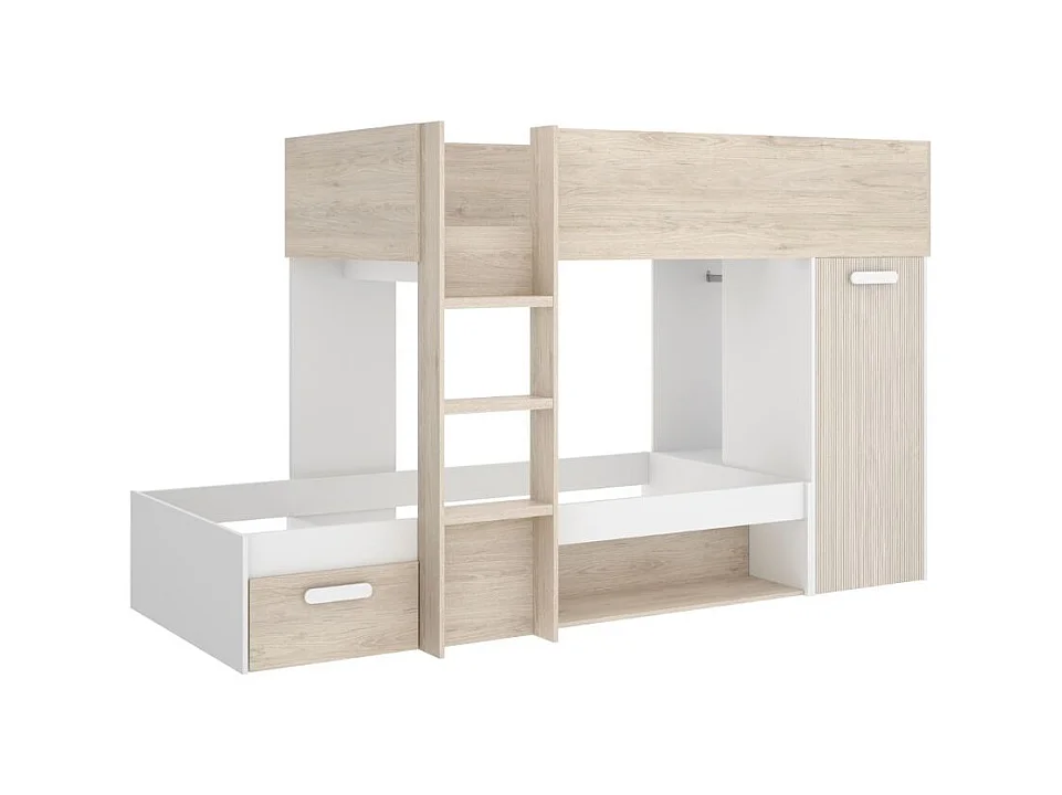 Cama tren Kos 2 camas + armario + cajón + 2 compartimentos + barra natural 150x246x112 cm