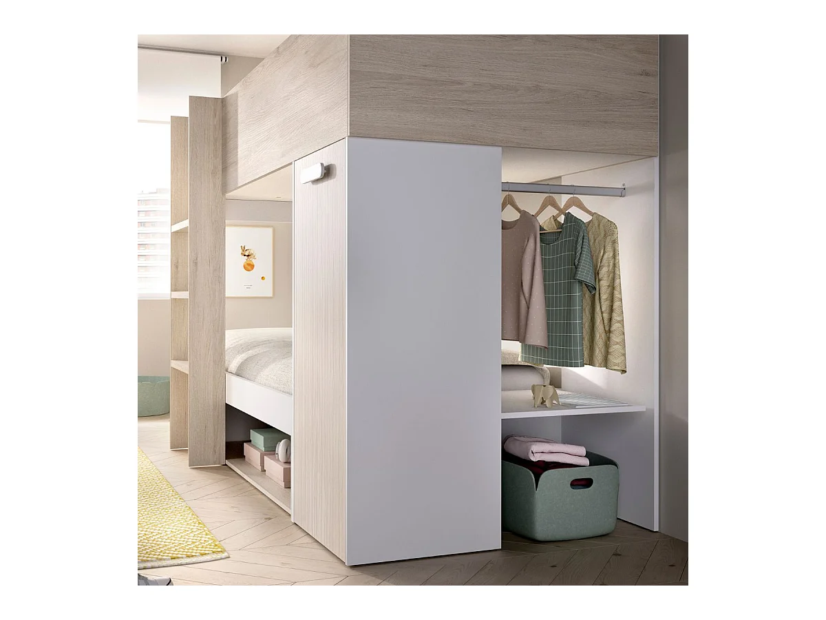 Cama tren Kos 2 camas + armario + cajón + 2 compartimentos + barra natural 150x246x112 cm