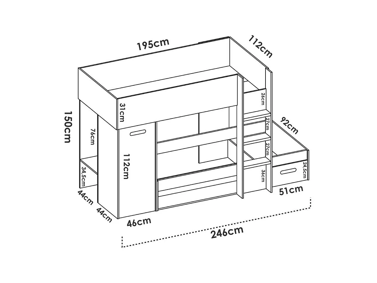 Cama tren Kos 2 camas + armario + cajón + 2 compartimentos + barra natural 150x246x112 cm