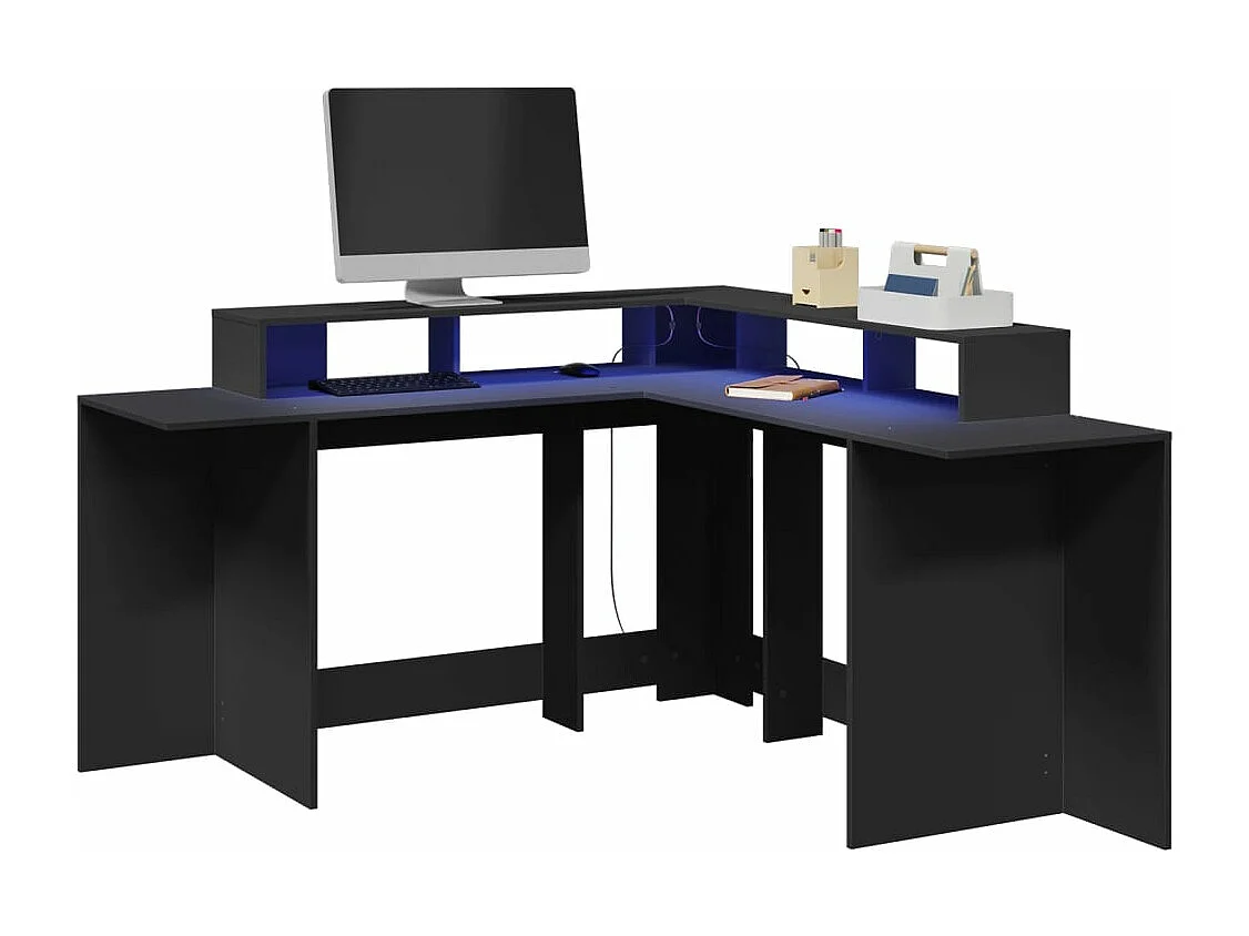 Bureau met LED-verlichting 152x152x91 cm bewerkt hout zwart